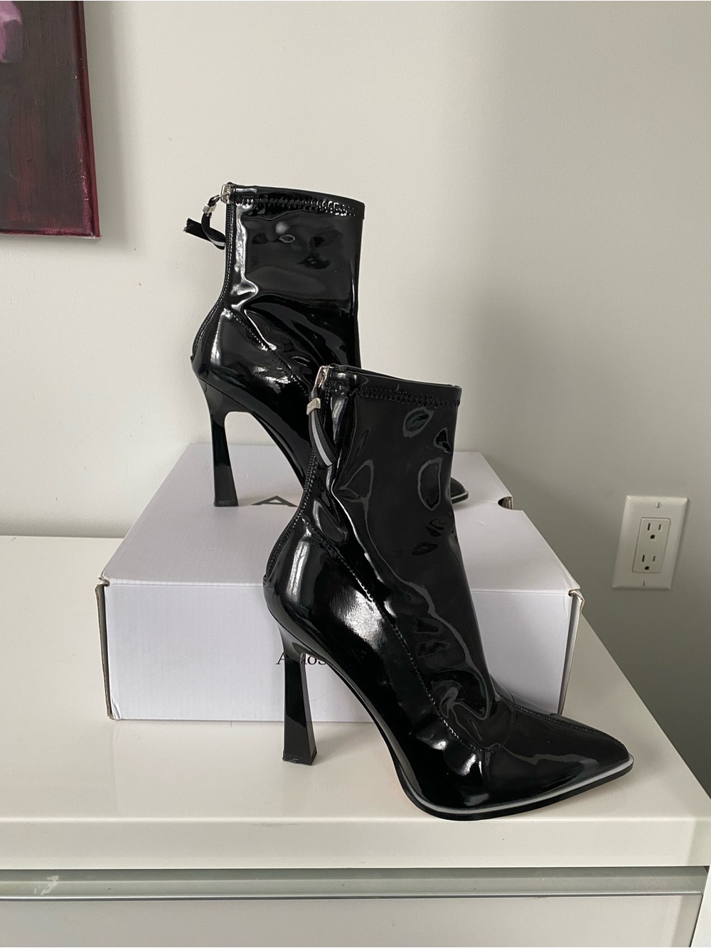 Aldo Black Patent Pointed Stiletto Ankle Booties